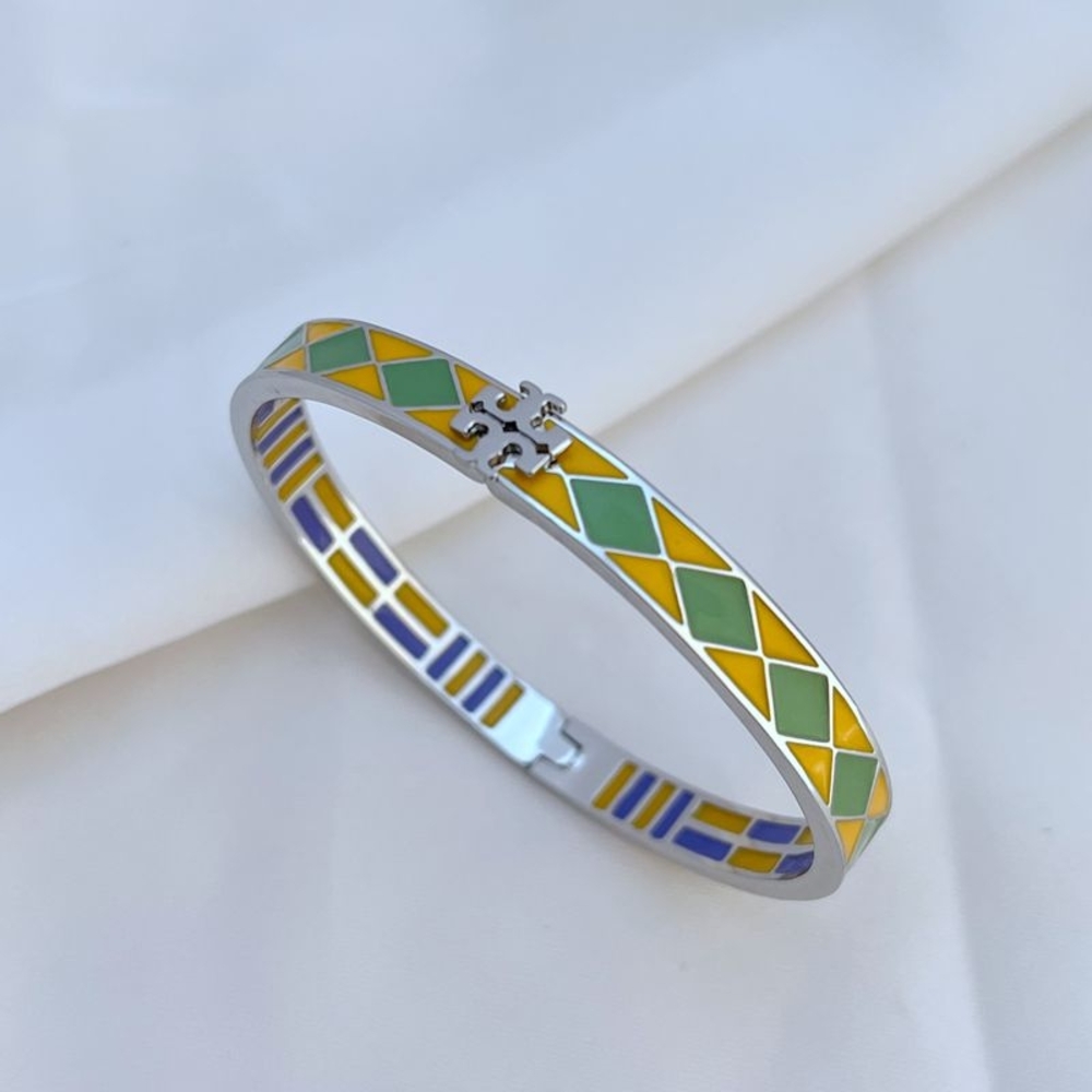 Tory Burch Elegant Silver Tone Multicolor Enamel Bracelet